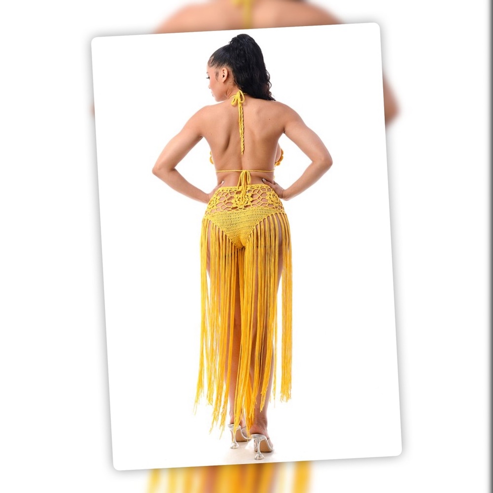 See You In Mexico Marogold Yellow Crochet Fringe Sunsuit Swim CoverUp - Picture 3 of 7